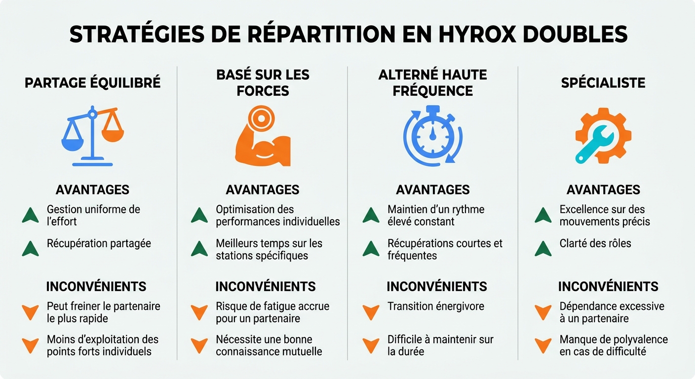 Infographie comparative des 4 modèles de répartition des stations Hyrox Doubles