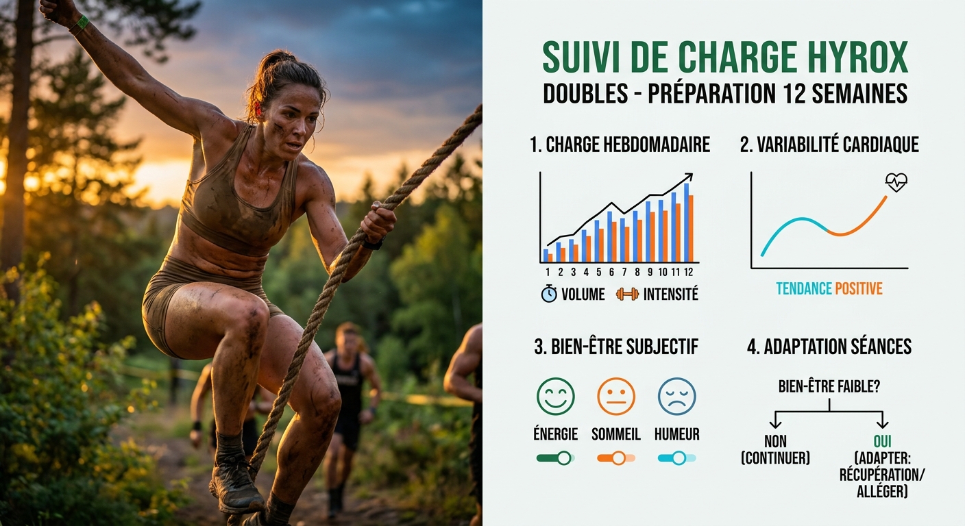 Infographie du pilotage de la charge d'entraînement en préparation Hyrox Doubles