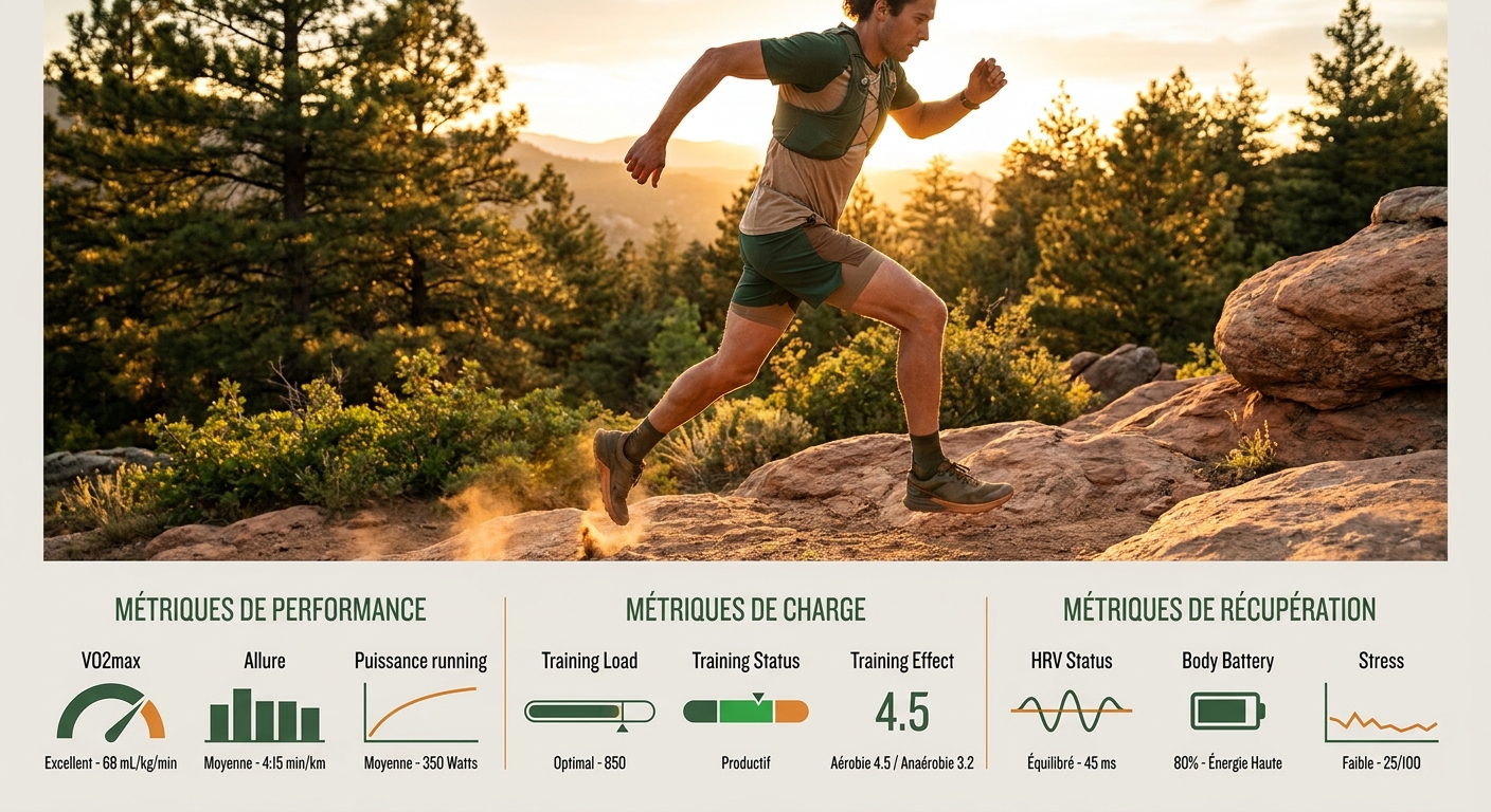 Infographie des trois familles de métriques Garmin running : performance, charge, récupération