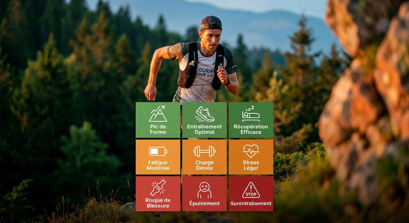 Grille des neuf statuts d'entraînement Garmin avec code couleur et actions associées