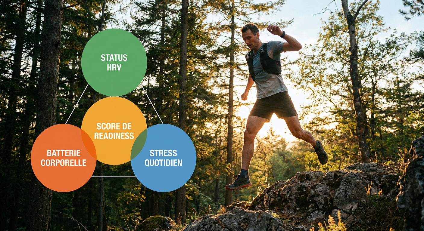 Schéma du triptyque de récupération Garmin : HRV, body battery et stress quotidien