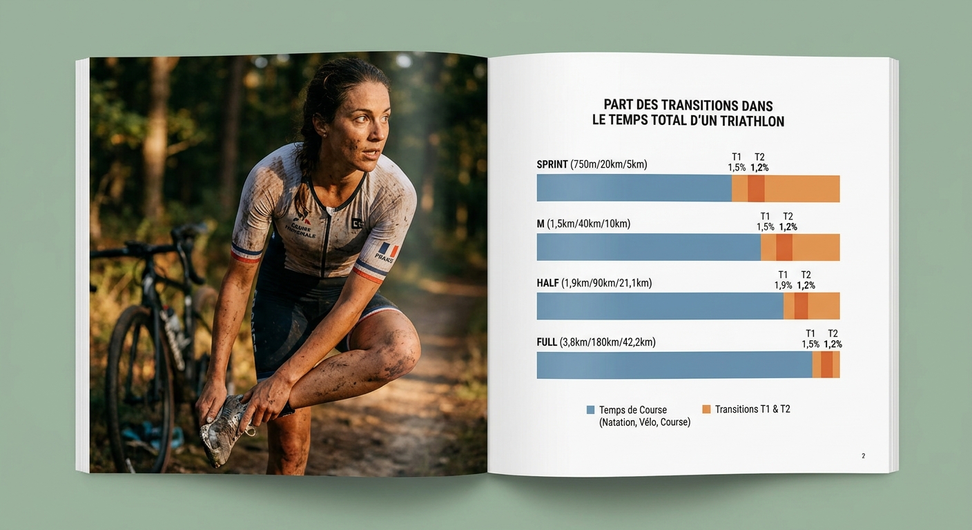 Infographie comparant le poids des transitions T1 et T2 selon la distance de triathlon.