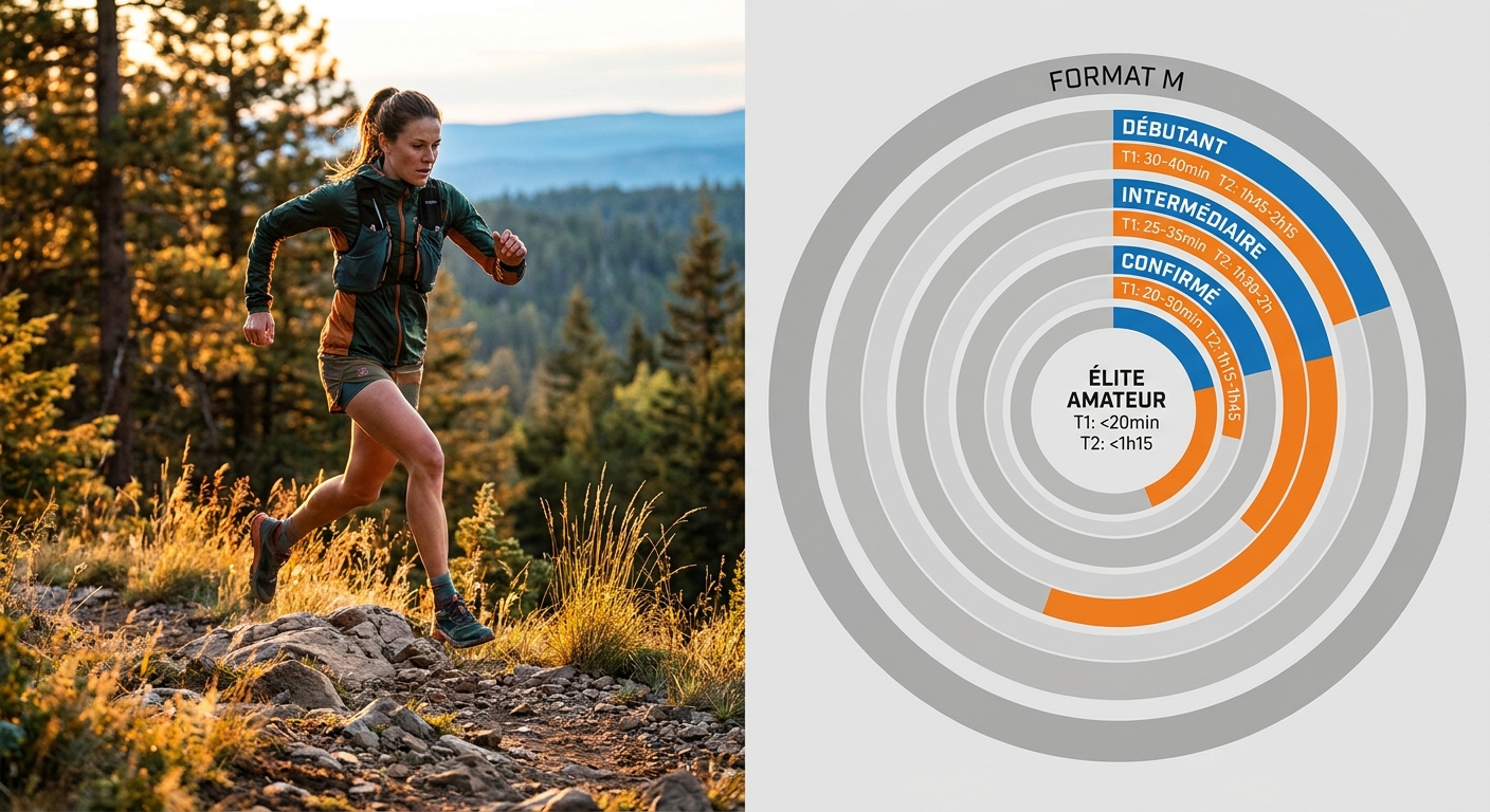 Infographie des temps cibles T1 et T2 par niveau sur format M.