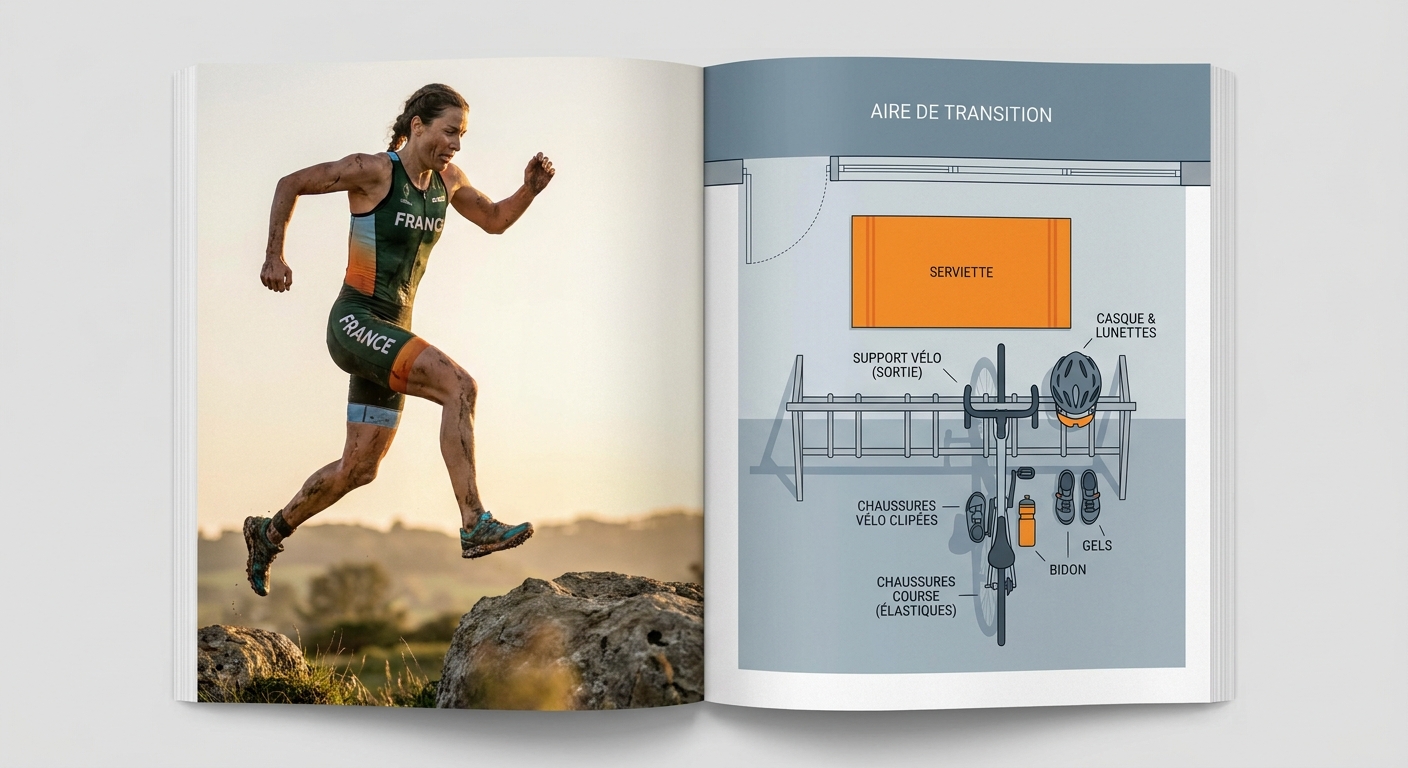 Infographie vue de dessus d'une zone de transition triathlon parfaitement organisée.
