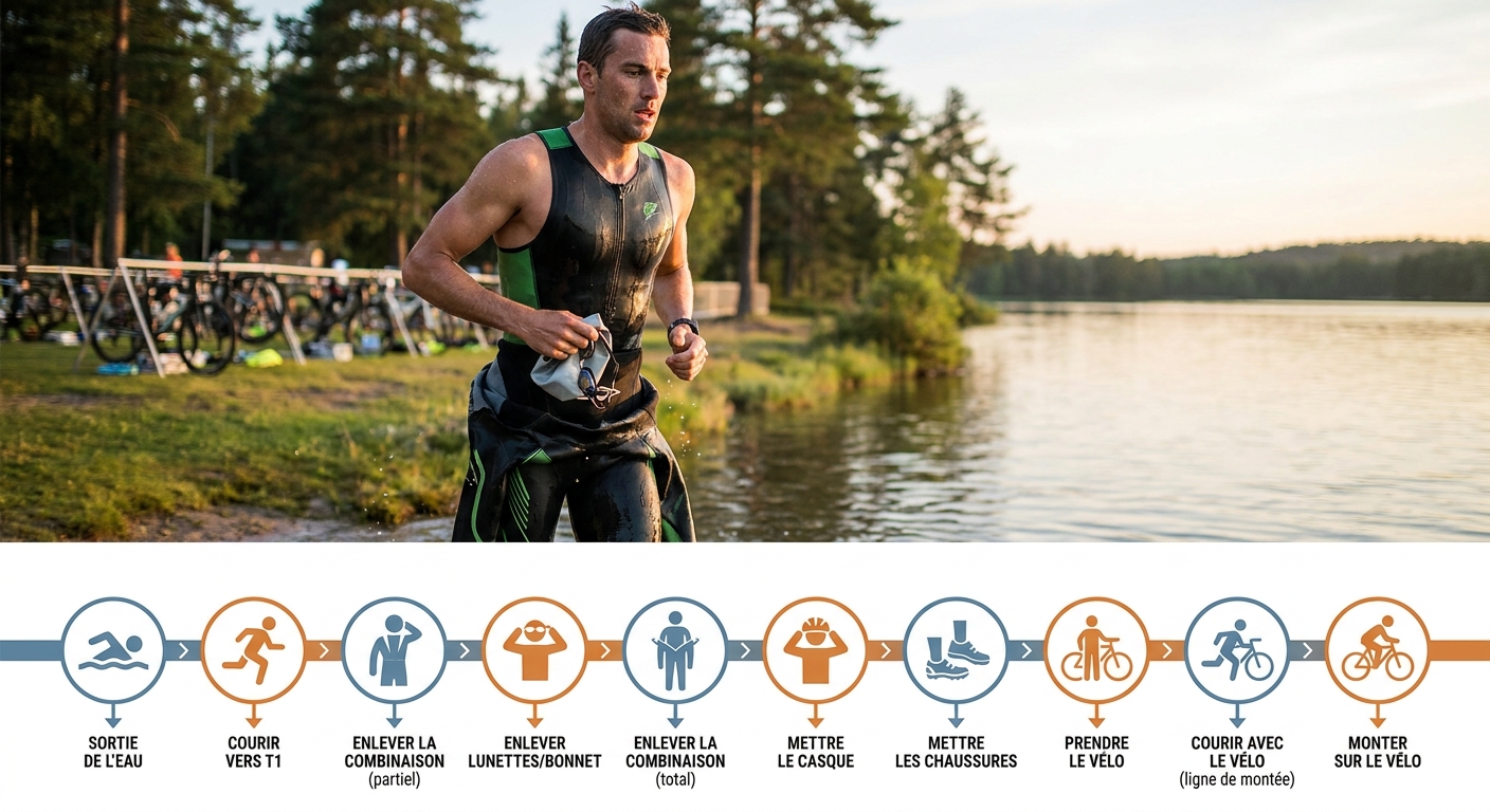 Infographie détaillant la séquence T1 en 10 étapes de la sortie d'eau à la montée vélo.