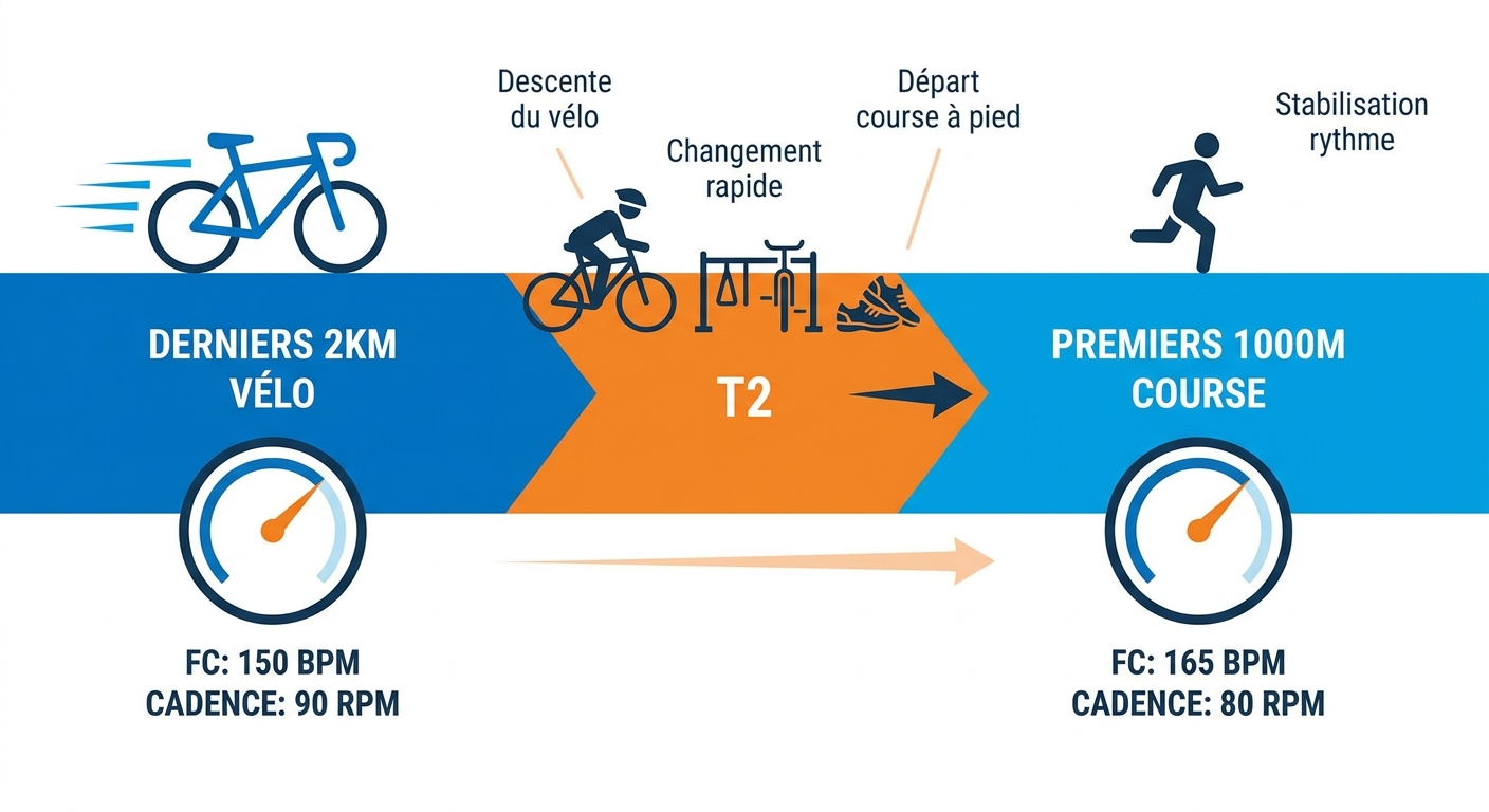Infographie de la séquence T2 avec fréquence cardiaque et cadence du vélo à la course.