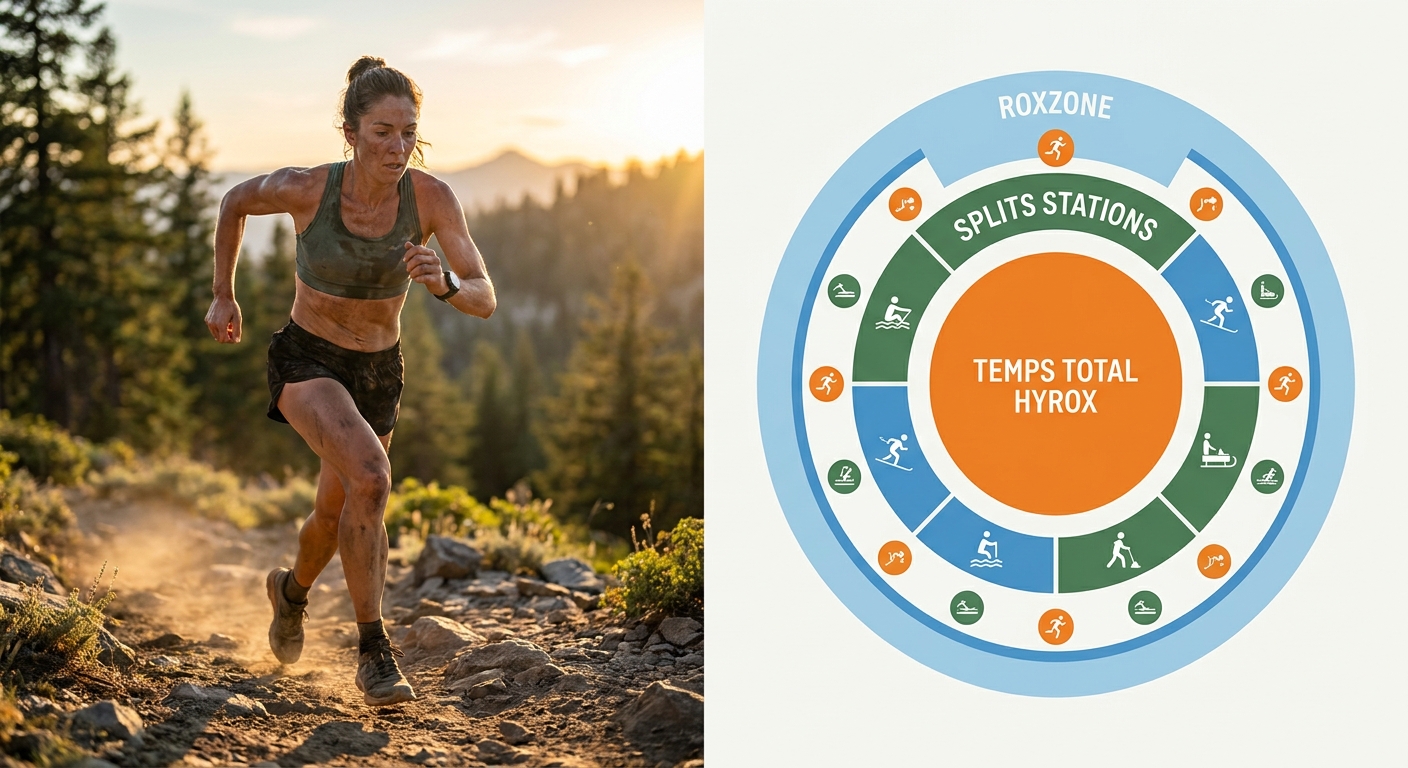 Infographie des trois niveaux de lecture d'un chrono Hyrox : temps total, splits stations, roxzone