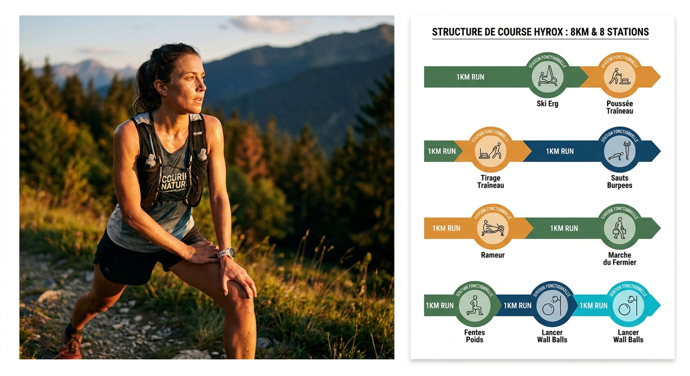 Infographie de la structure d'une course Hyrox alternant 8 runs et 8 stations