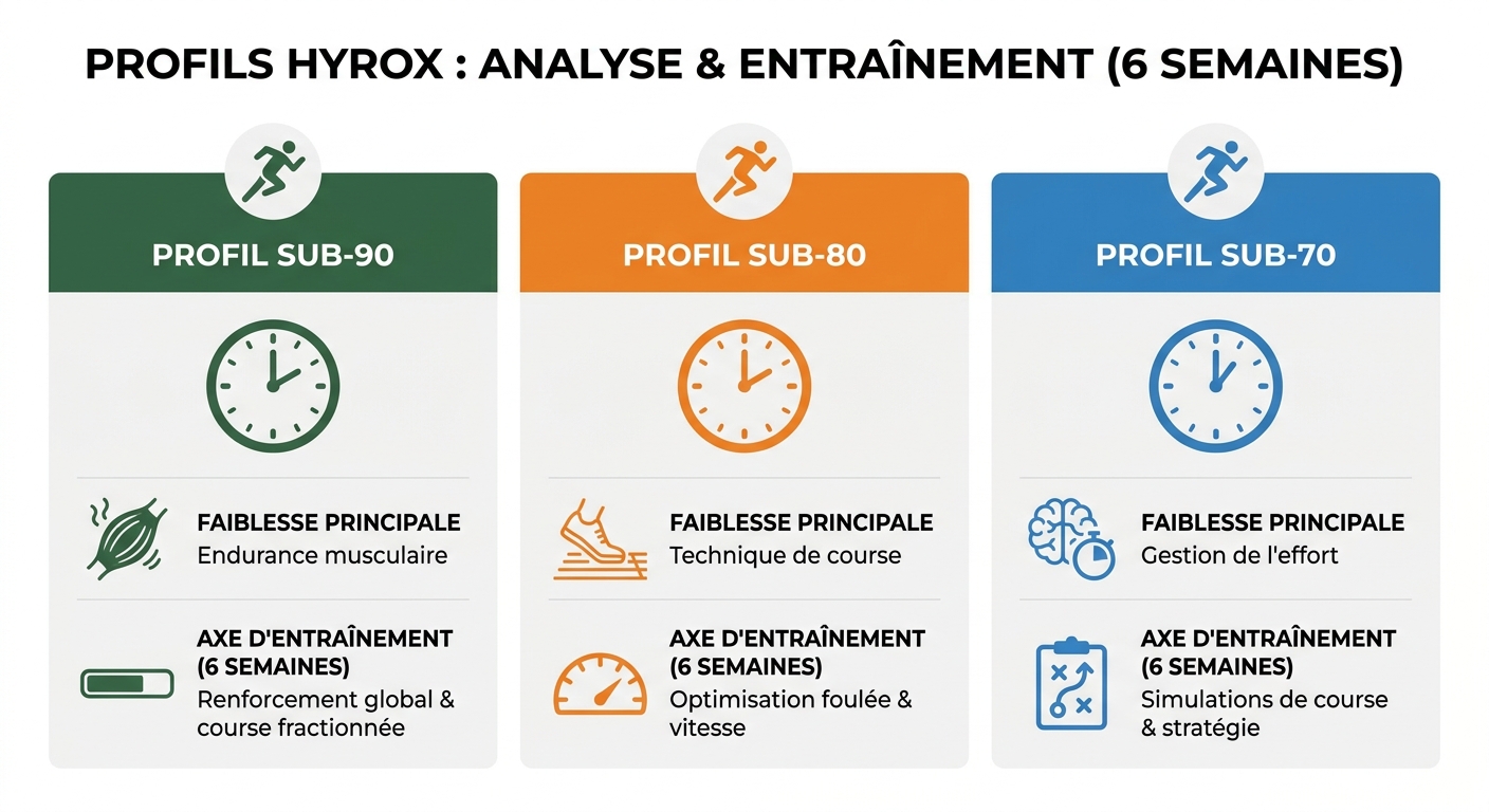 Infographie comparant trois profils Hyrox sub-90, sub-80 et sub-70