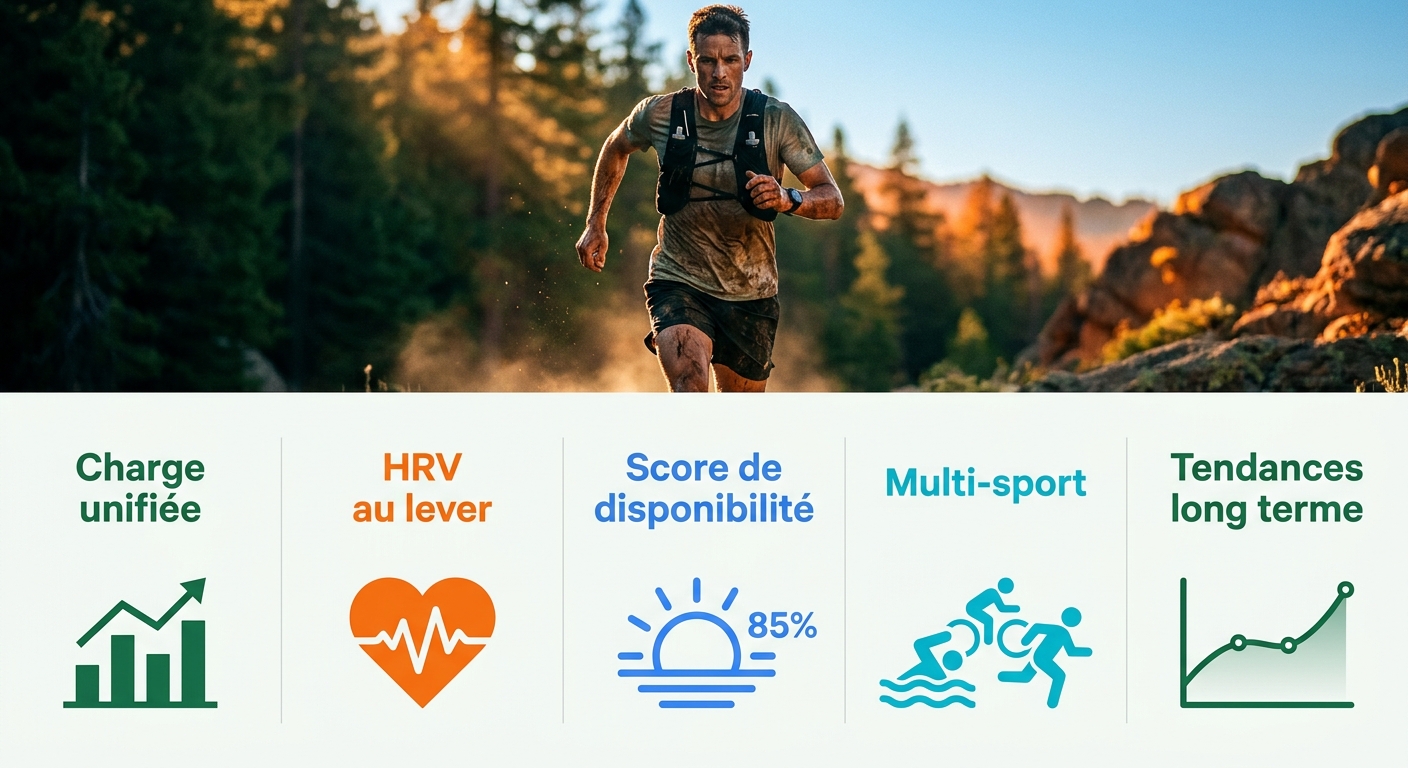 Infographie présentant les 5 piliers d'un tableau de bord d'entraînement multi-sport : charge, HRV, score quotidien, multi-sport, tendances