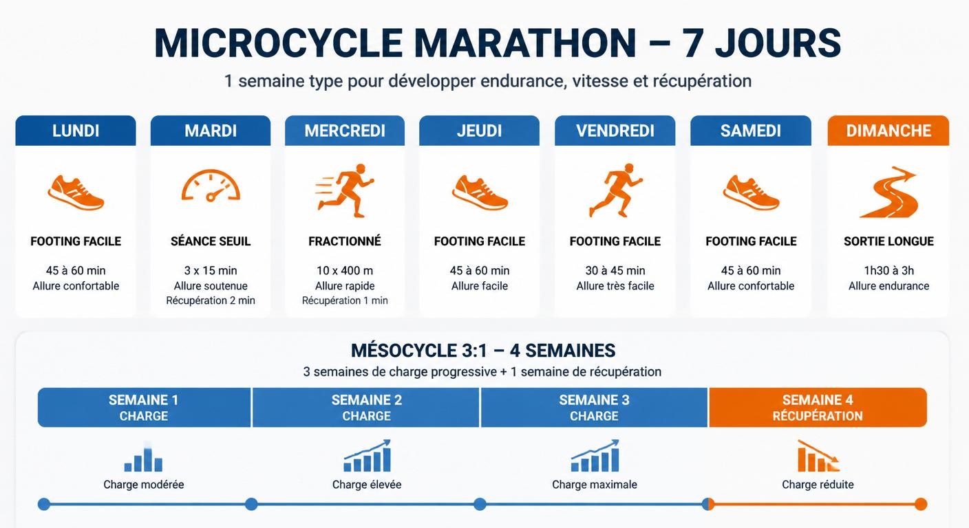 Infographie d'un microcycle et d'un mésocycle d'entraînement marathon semaine par semaine