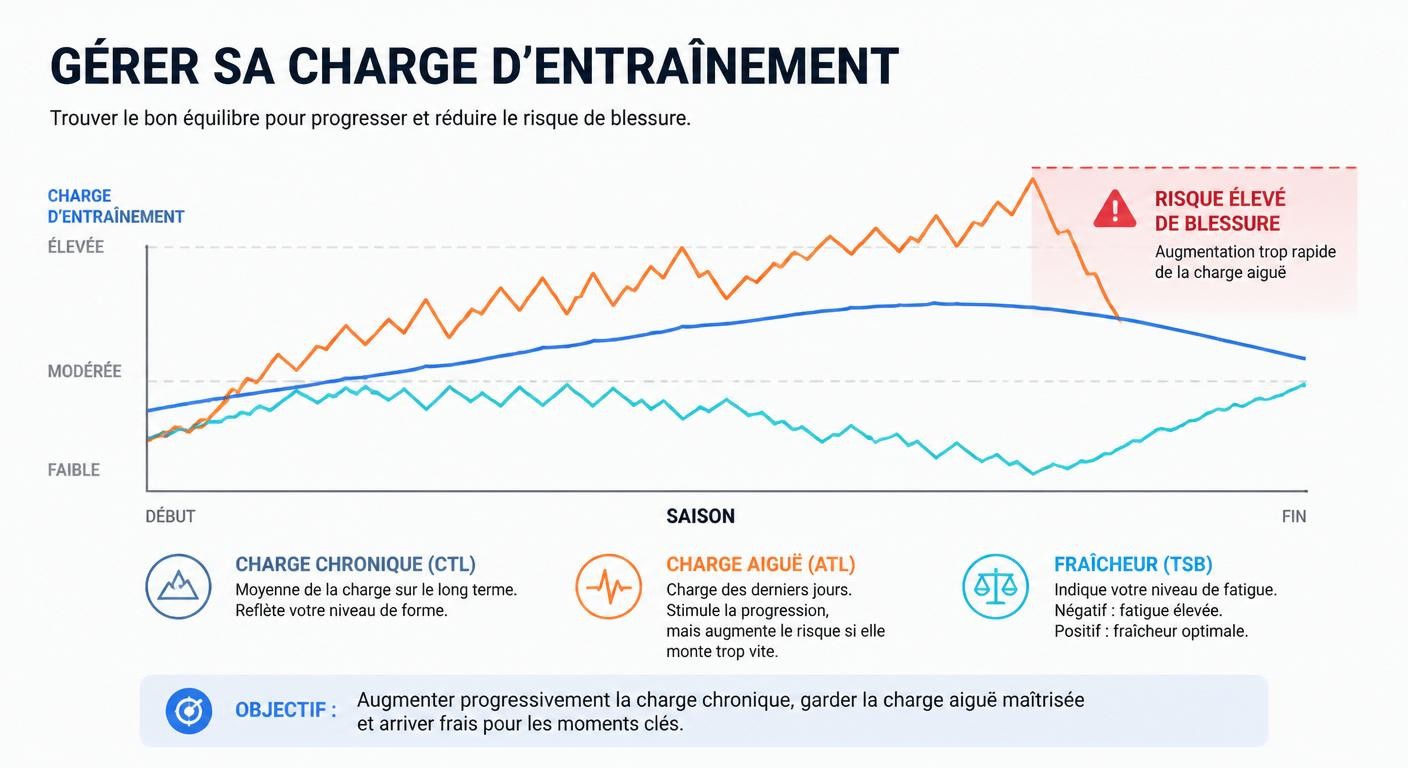 Infographie du pilotage de la charge d'entraînement CTL, ATL et TSB sur une saison de course à pied