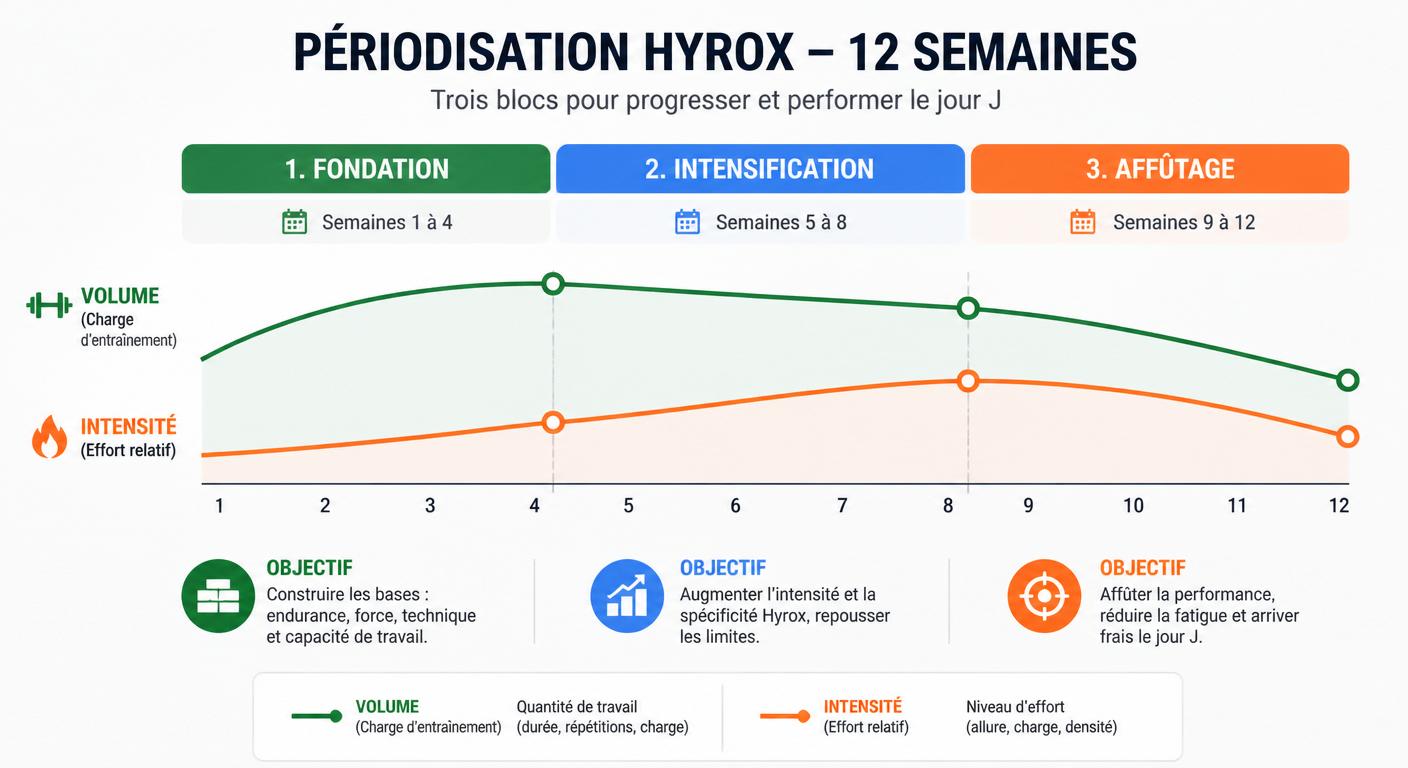 Schéma de périodisation Hyrox sur 12 semaines en trois cycles