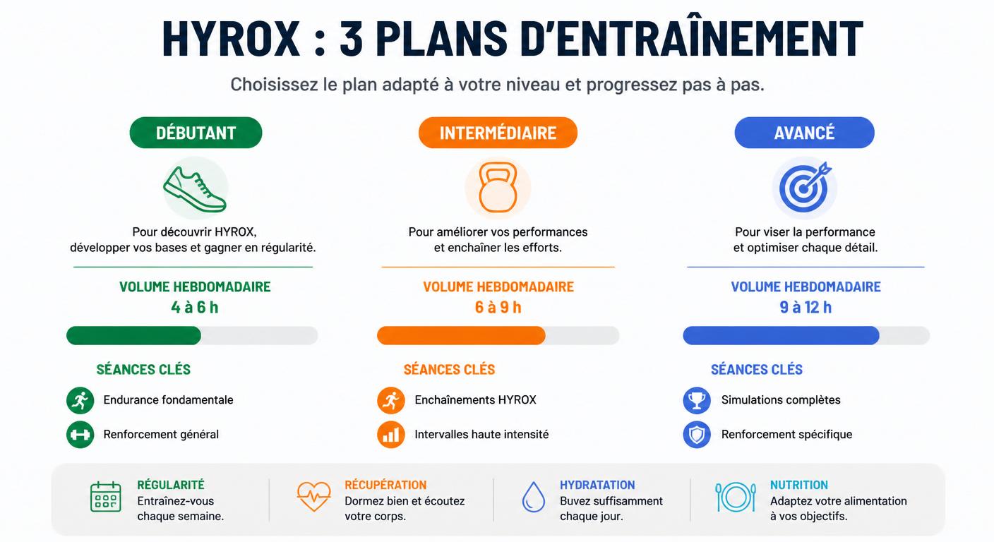 Comparaison de trois plans Hyrox selon le niveau de l'athlète
