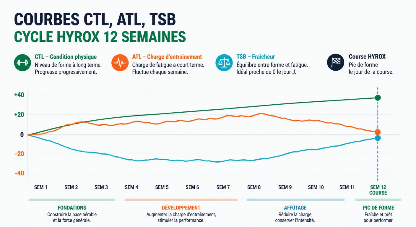Évolution des courbes CTL ATL TSB sur 12 semaines de préparation Hyrox