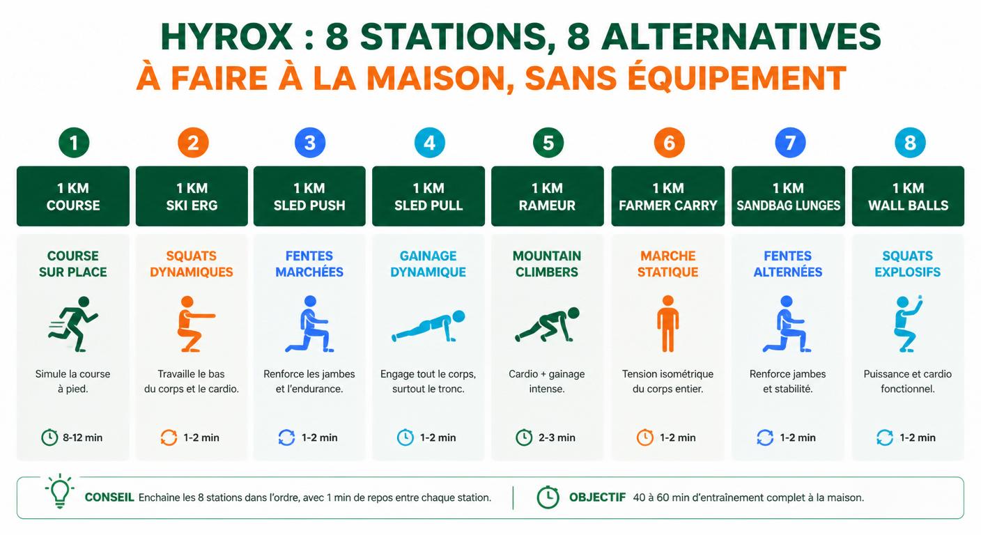 Matrice d'équivalences entre les 8 stations Hyrox et des exercices sans matériel