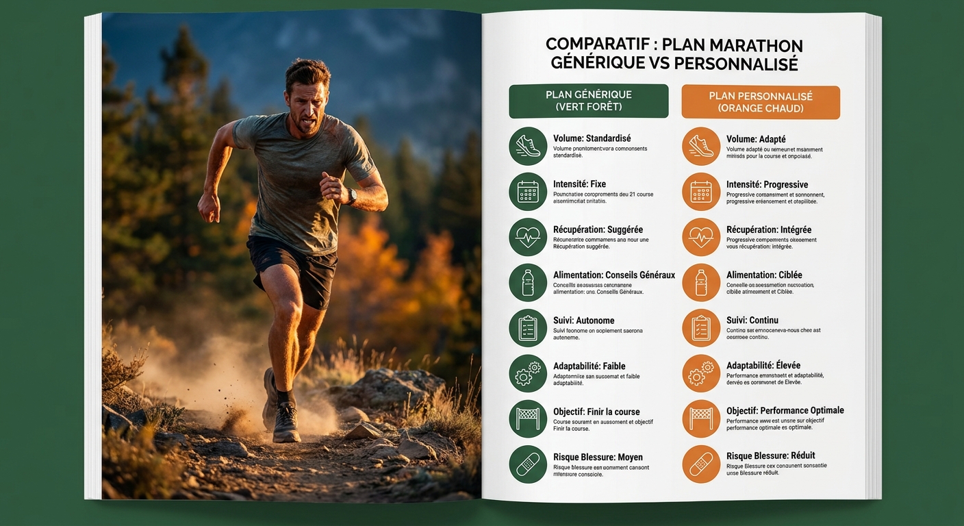 Comparaison visuelle plan marathon générique vs plan personnalisé sur huit critères