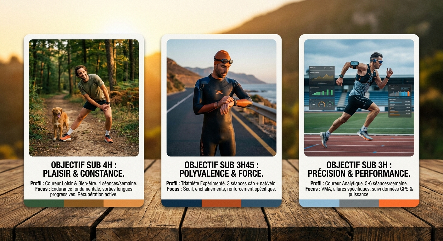 Trois plans marathon personnalisés selon profil de coureur sub 4h, triathlète et data-driven