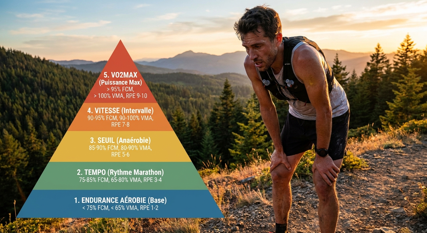 Pyramide des cinq zones d'entraînement marathon avec pourcentages VMA et FCM
