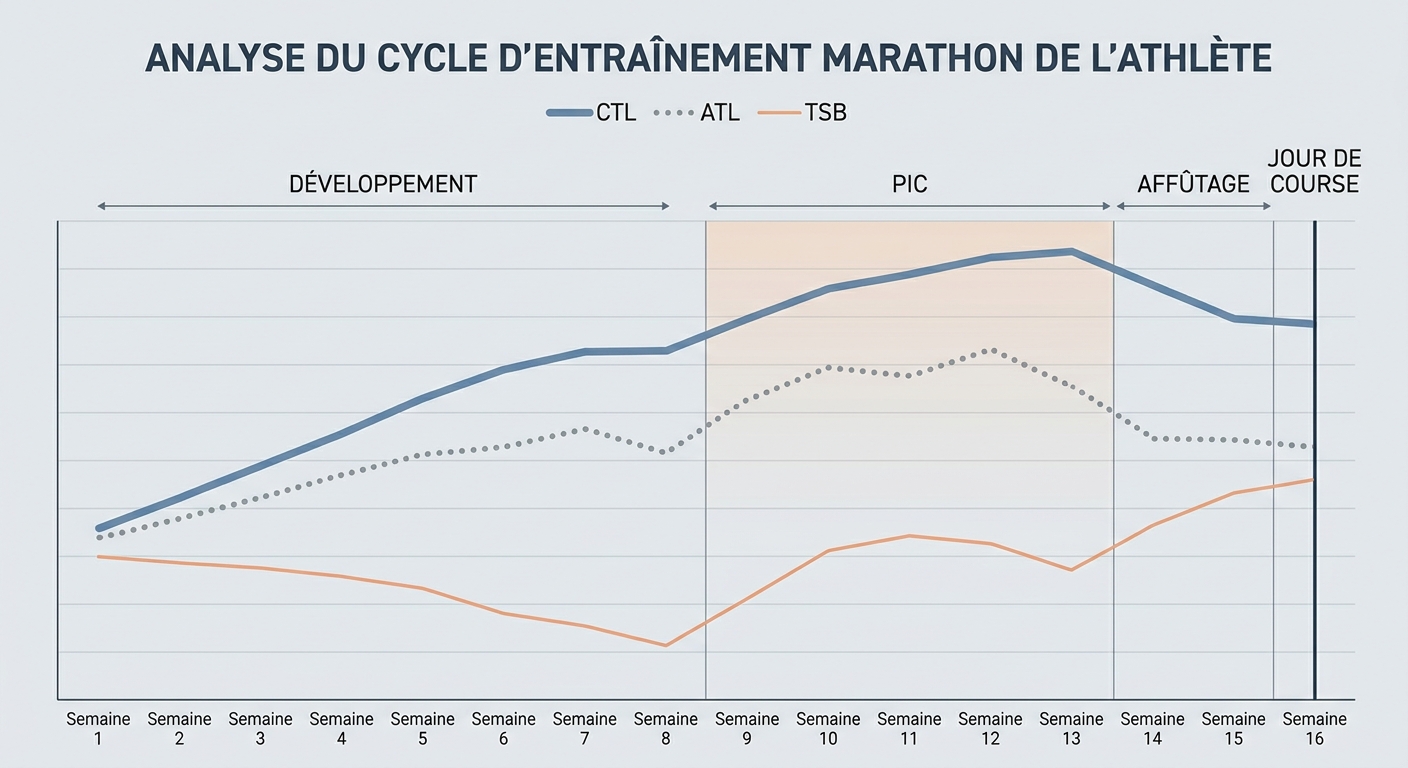 Courbe CTL ATL TSB sur seize semaines de préparation marathon