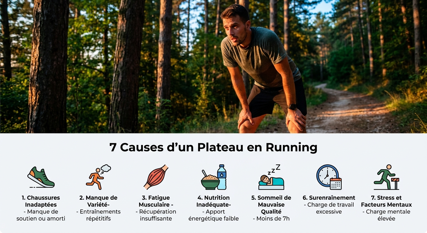 Infographie listant les sept causes documentées d'un plateau de performance en course à pied