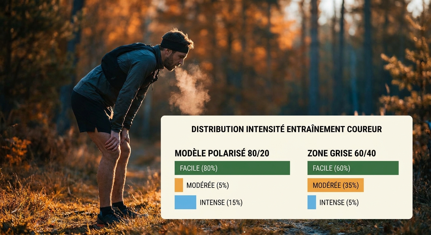 Infographie comparant distribution polarisée 80/20 et zone grise pour coureurs