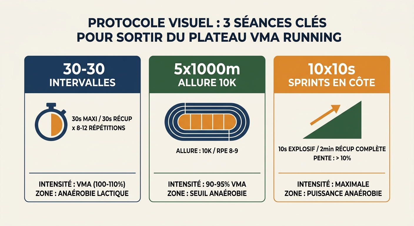 Infographie présentant trois séances types pour débloquer un plateau de VMA en course à pied