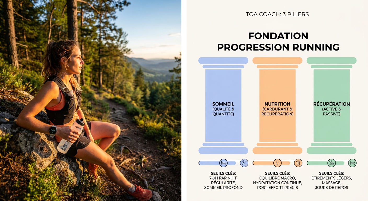 Infographie présentant les trois leviers récupération, sommeil et nutrition pour sortir d'un plateau running