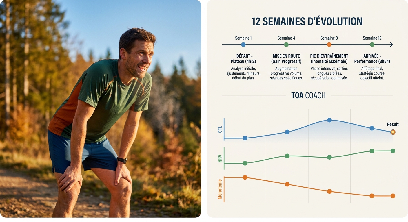 Infographie d'une étude de cas montrant l'évolution sur 12 semaines d'une marathonienne sortant d'un plateau