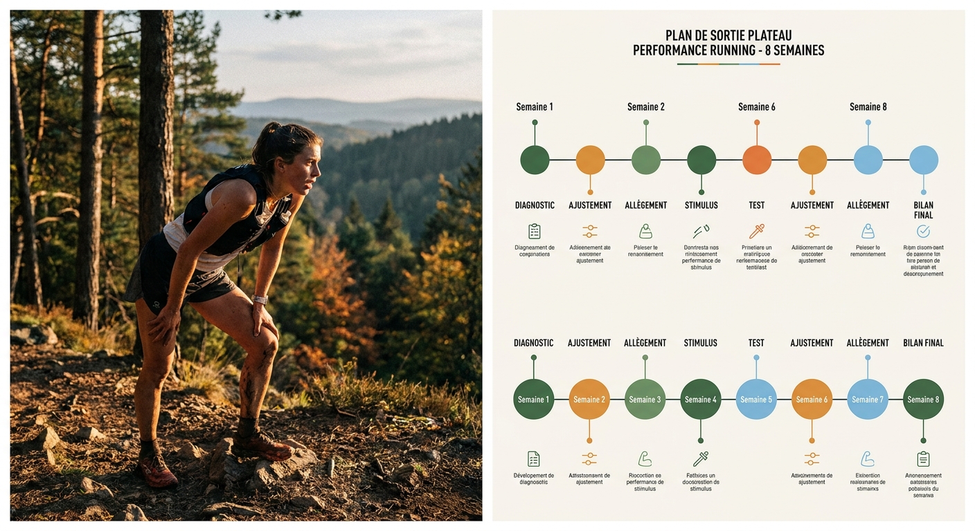 Infographie présentant un plan 8 semaines pour sortir d'un plateau de progression en course à pied