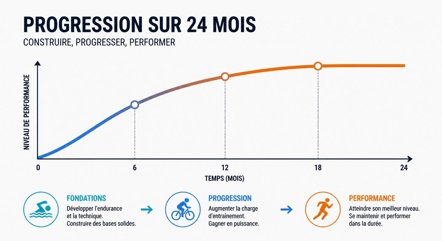 Courbe de progression d'un triathlète sur deux ans illustrant le plateau de performance
