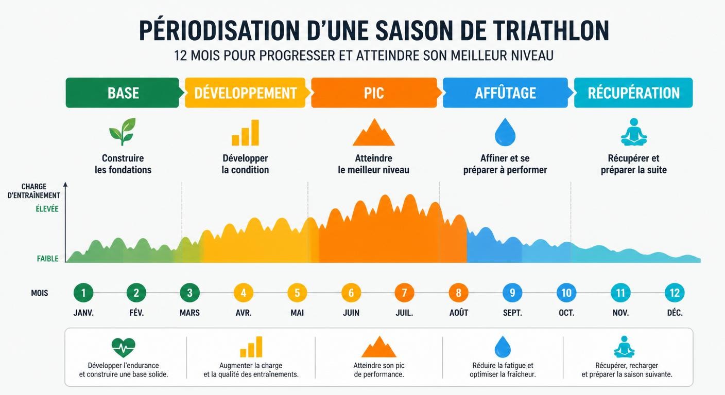 Périodisation d'une saison de triathlon en blocs base, développement, affûtage et récupération
