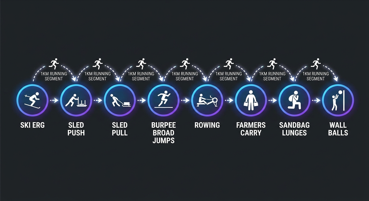 Infographie des 8 stations d'un entrainement Hyrox avec distances et mouvements