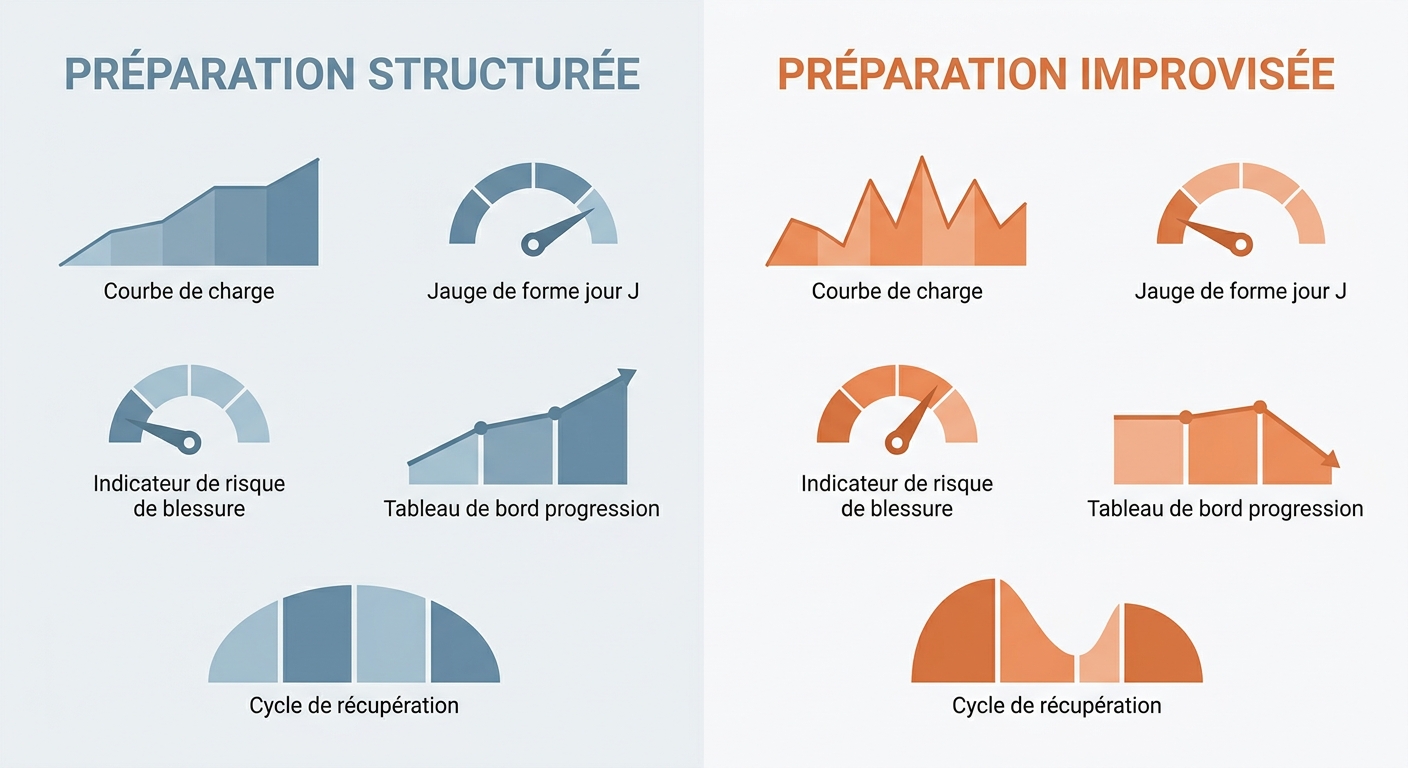 Infographie comparant une préparation course running structurée et une préparation improvisée
