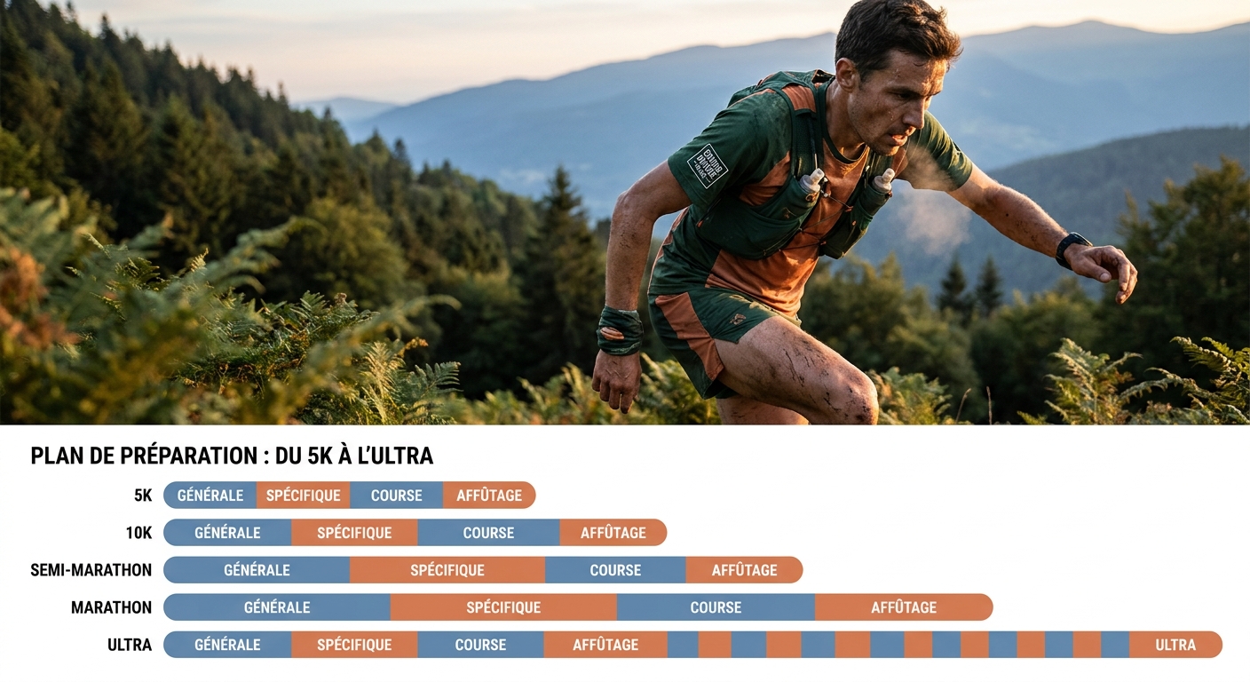 Infographie des durées de préparation recommandées du 5 km au marathon