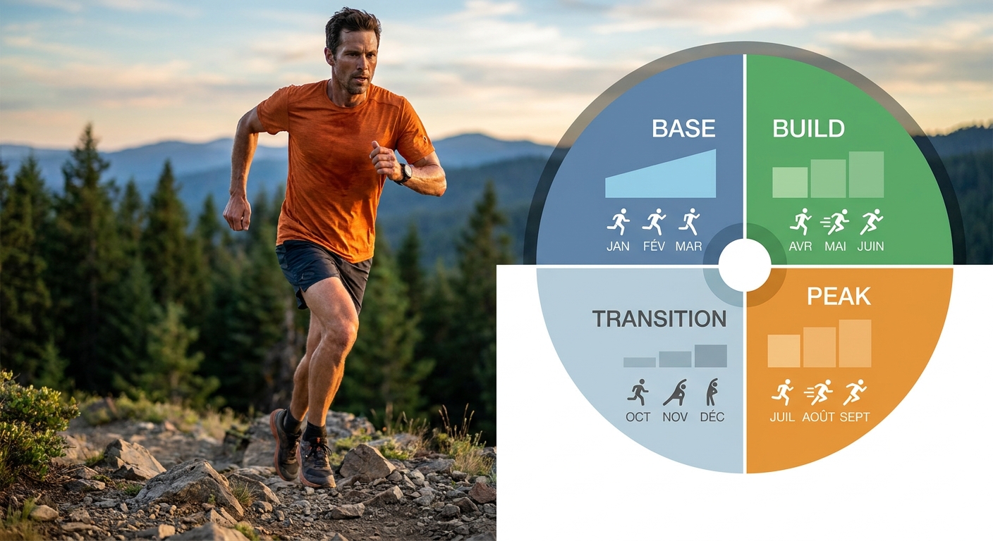 Infographie du macrocycle annuel en 4 phases pour préparer une course running