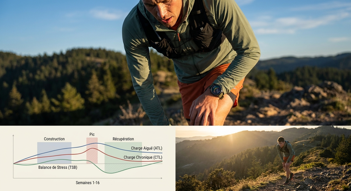 Infographie expliquant les courbes CTL ATL et TSB sur une préparation course running de 16 semaines