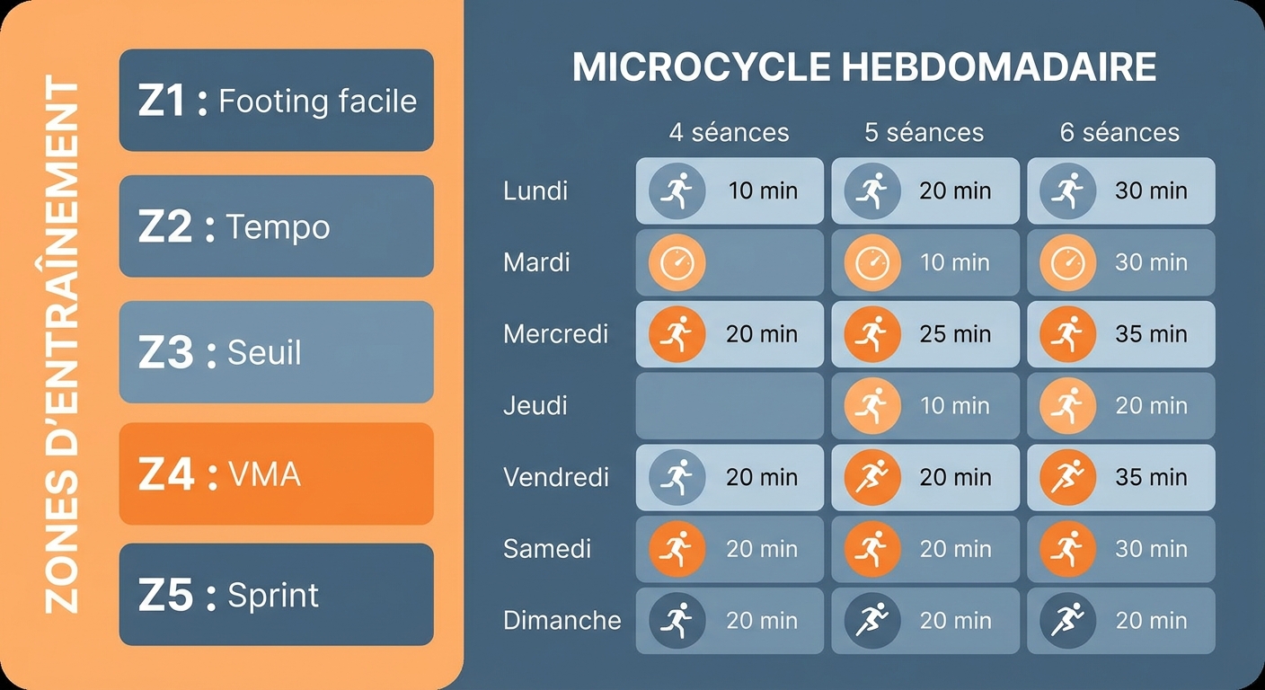 Infographie des zones d'entraînement et séances clés pour préparer une course running