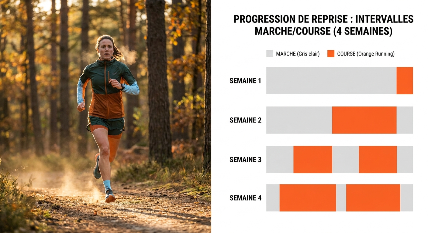 Graphique de la progression hebdomadaire marche/course sur quatre semaines de reprise.