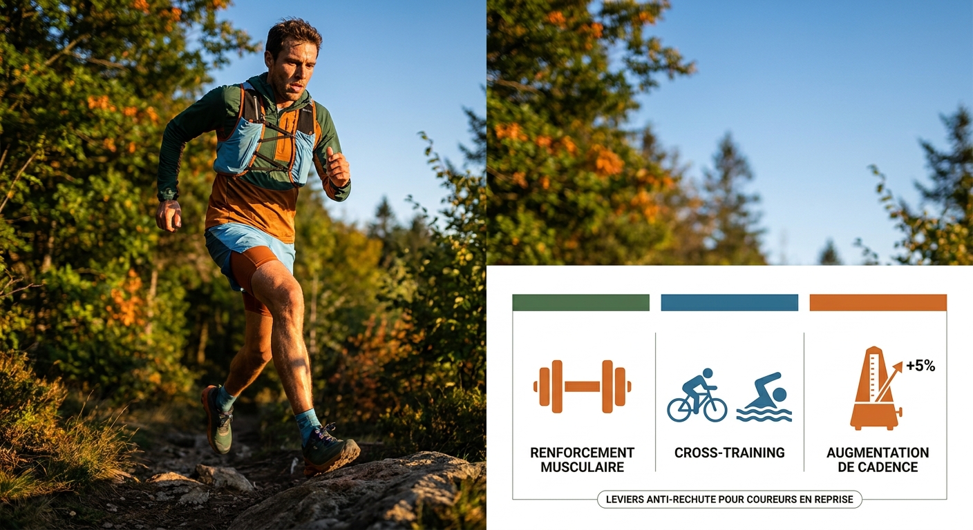 Infographie des trois leviers anti-rechute : renforcement, cross-training, cadence.