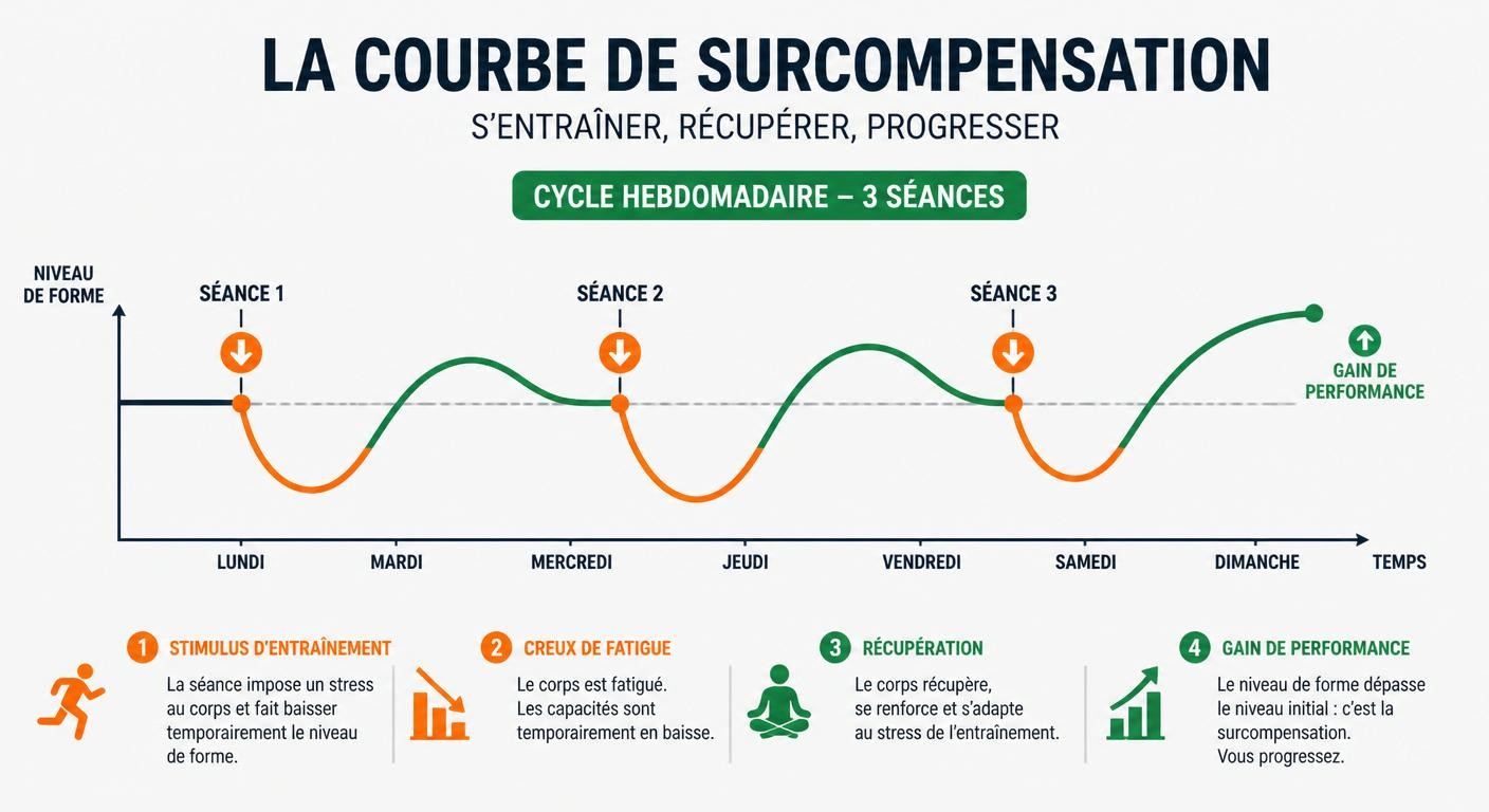 Courbe de surcompensation sur un cycle CrossFit de 3 séances par semaine