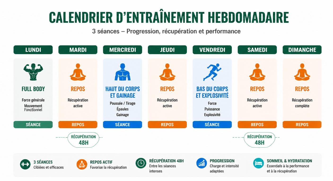 Planning hebdomadaire d'un programme CrossFit 3 jours par semaine avec jours de repos