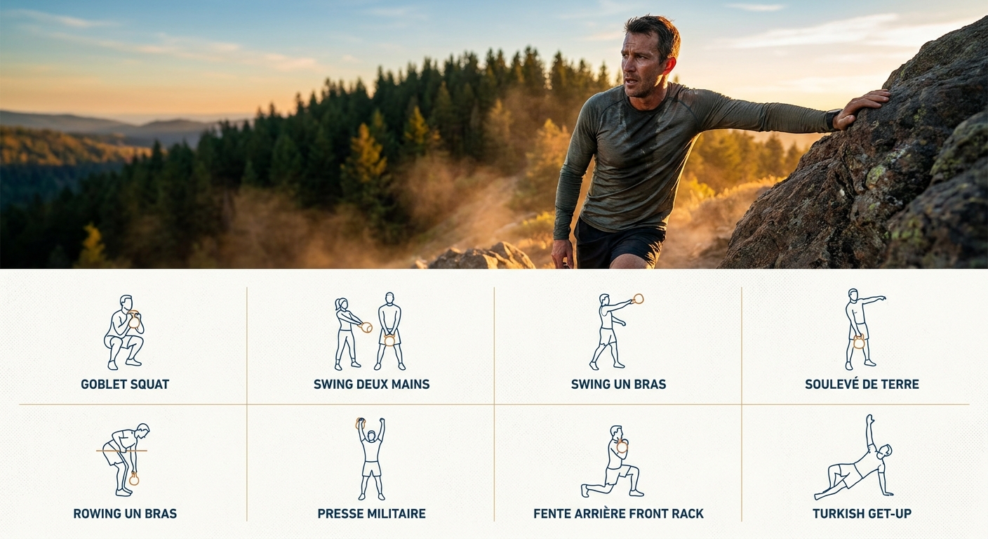Infographie des 8 exercices kettlebell fondamentaux d'un circuit