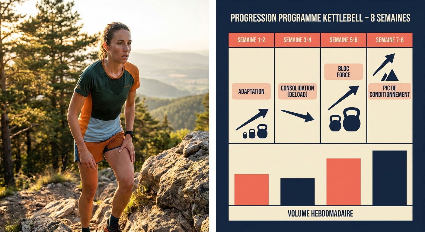 Infographie de la progression d'un programme kettlebell sur 8 semaines