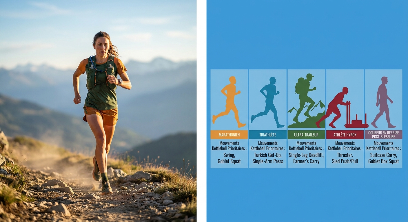 Infographie des adaptations du circuit kettlebell par discipline d'endurance