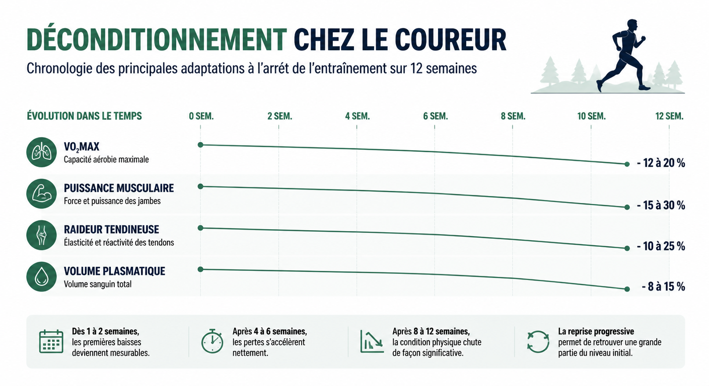 Infographie de la cinétique du déconditionnement chez le coureur sur 12 semaines