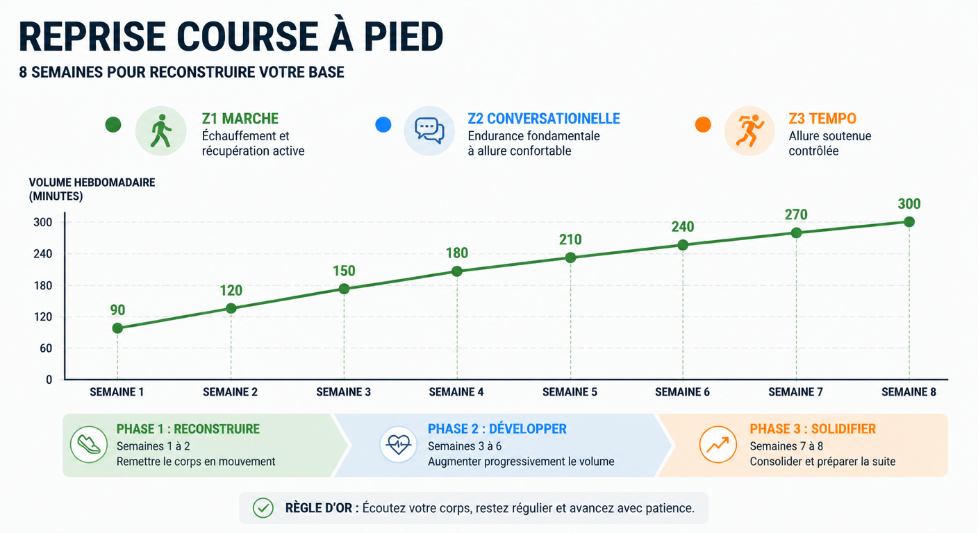 Infographie courbe de progression hebdomadaire sur 8 semaines de reprise course à pied
