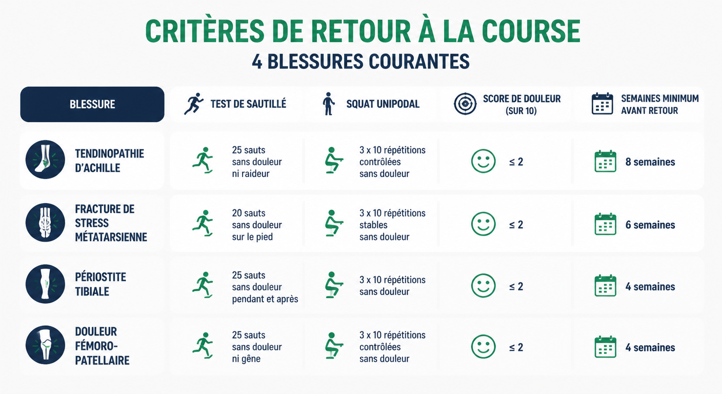 Infographie des critères de retour à la course par type de blessure
