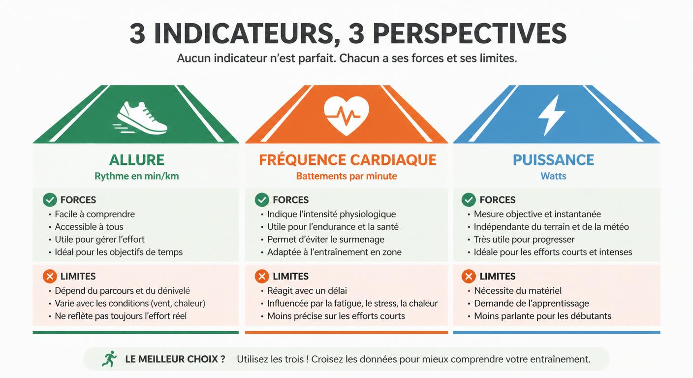 Infographie comparant allure, fréquence cardiaque et puissance en course à pied