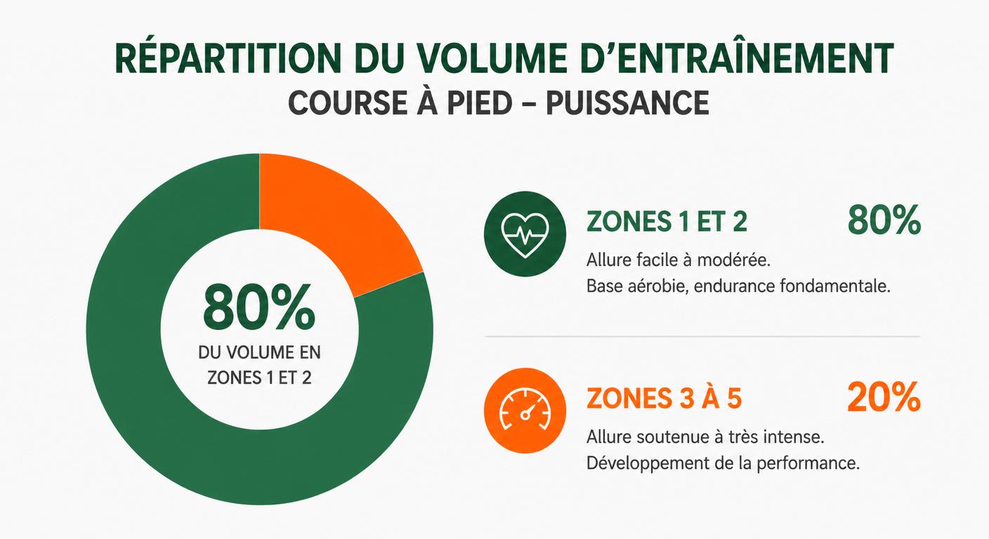 Infographie de la répartition polarisée 80/20 en zones de puissance running